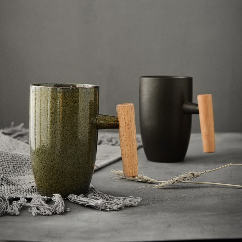 ENCAN oro esmalte gres Japonés taza personalidad simple de cerámica té mango madera creativa café Taza agua