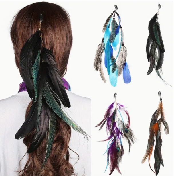 Cross-Border New Bohemian Blue Headband, Vintage Ethnic Style Indian Colorful Feather Hair Clip, Xizang Hair Accessory