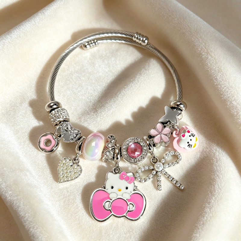 Sweet and Cool Style Hellokitty Oil-Drip Pendant Bracelet Pink Diamond Beaded Bracelet Live Broadcast Hot-Selling Jewelry Direct from the Manufacturer