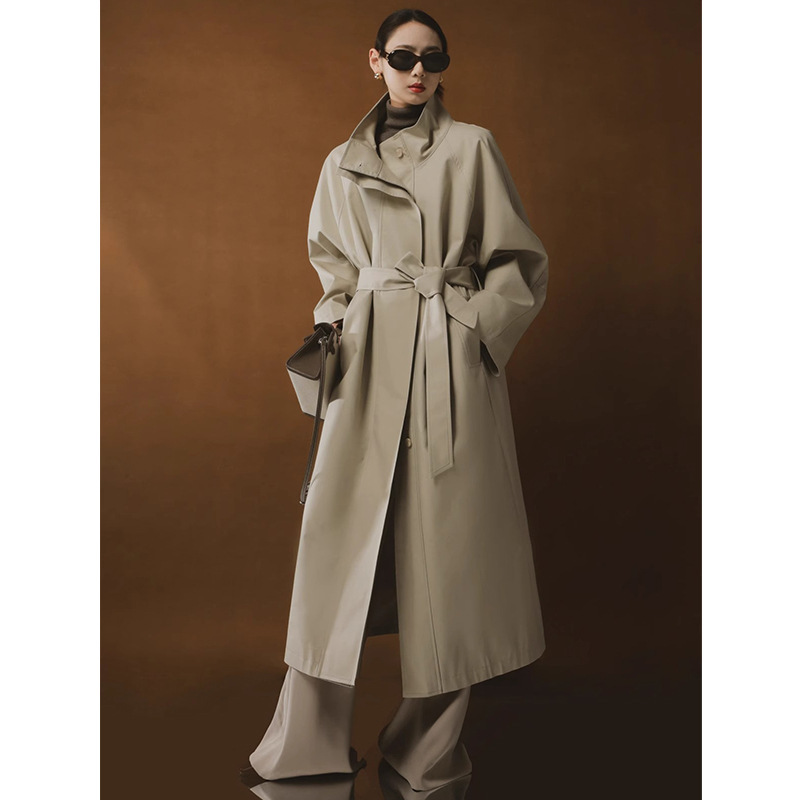 Rongtai Silhouette Simple Stand-Up Collar Tencel Show Windbreaker Women's 2025 Spring Mid-Length British Draped Lace-Up Jacket Rongtai Silhouette Simple Stand-Up Collar Tencel Show Windbreaker Women's 2025 Spring Mid-Length British Draped Lace-Up Jacket