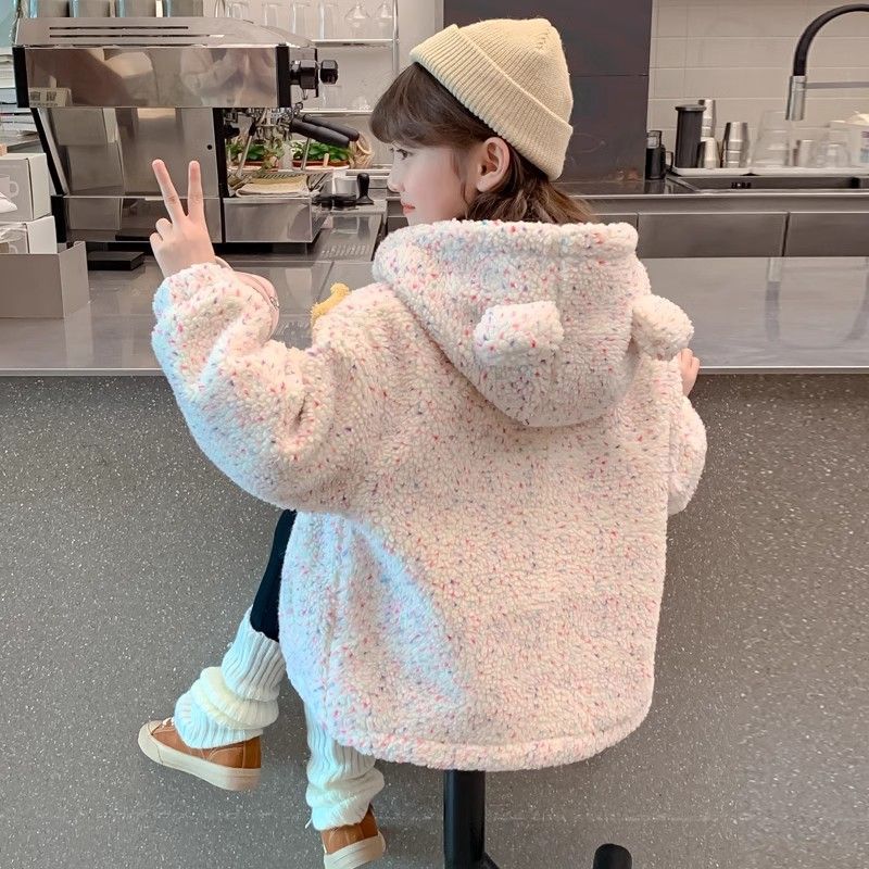 女童秋冬装外套2025新款儿童洋气女孩冬季加绒加厚彩点毛毛衣冬款