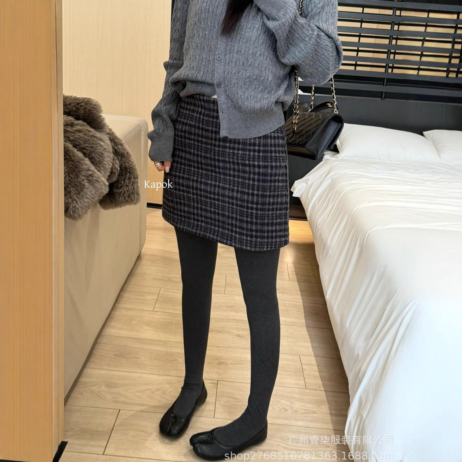 广州十三行KAPOK秋冬新款复古撞色加厚毛呢格纹短裙半身裙35026