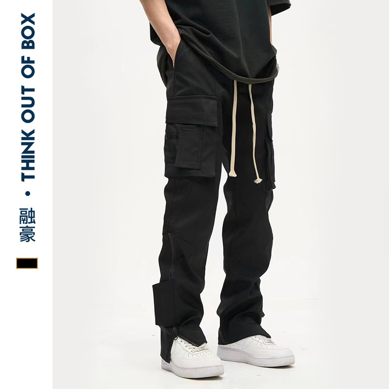 High Street Functional Multi-Pocket Trousers Men's Loose Casual Black Straight Foot Zipper Casual Tooling Trendy Pants