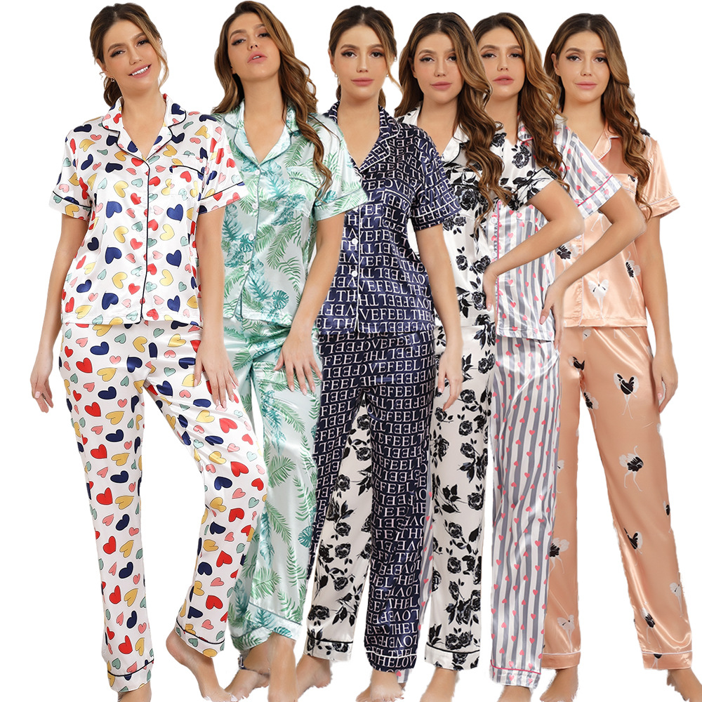 Pijamas de satén ropa para el hogar Amazon ropa de mujer europea y americana seda artificial pijamas de manga corta para mujer ropa de aire acondicionado de verano