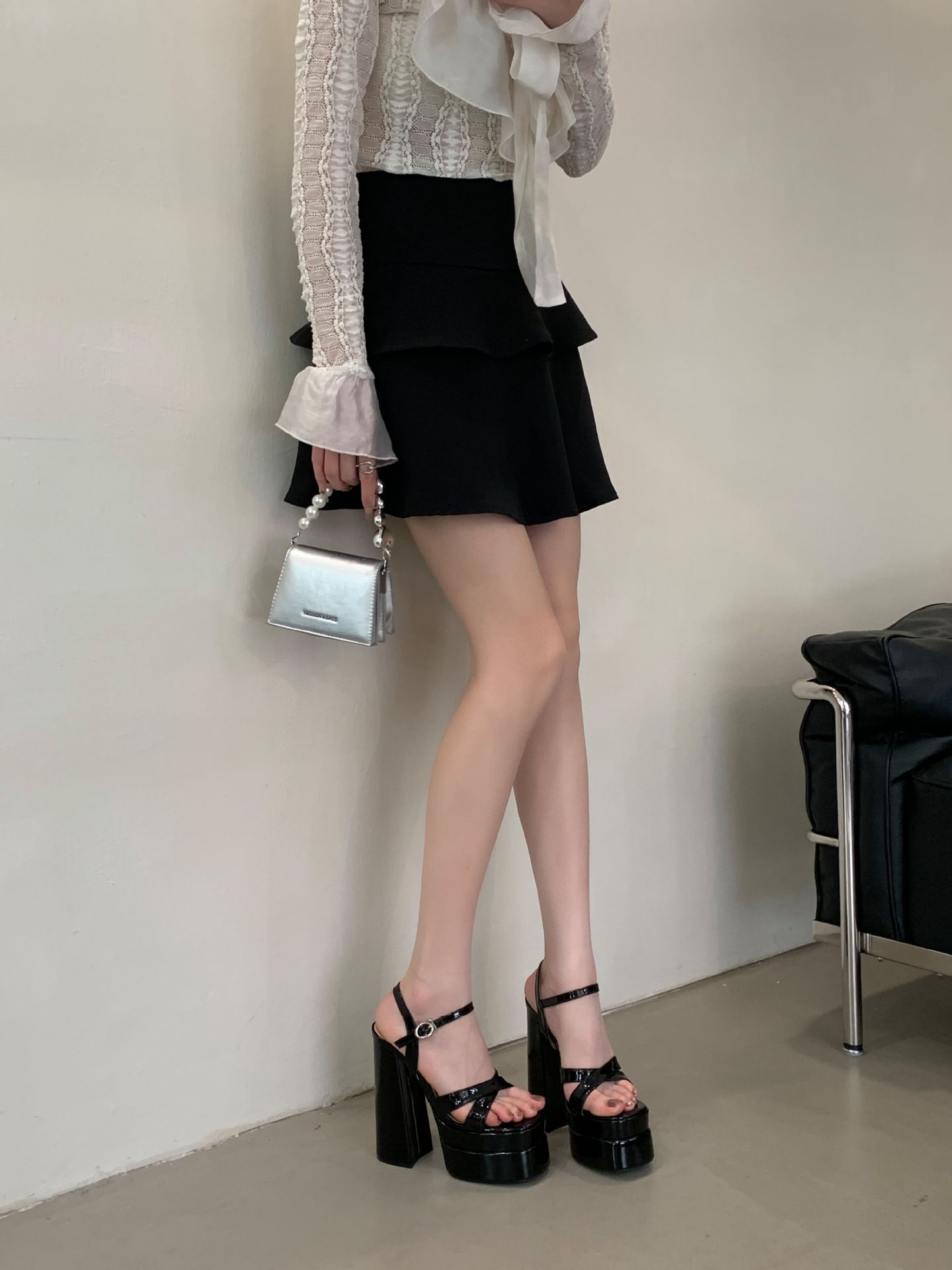 Sandal nữ cao gót đế xuồng platform mũi vuông thời trang — đen chi tiết 16
