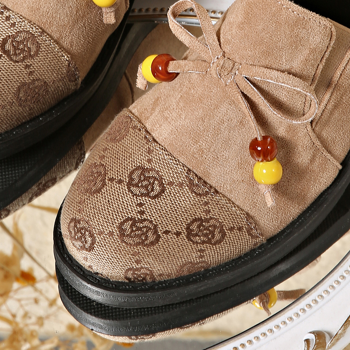 Women's plus Size Casual Loafers Plum Blossom Color Block Beaded Details Bow Outdoor Wear New Style Shoes_vogvips.com