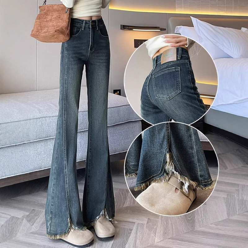 Plus-Size American-Style Flared Jeans for Women, High-Waisted, Stretchy, Slimming, with Slits, Loose Fit, Frayed Hem, Bell-Bottom Pants