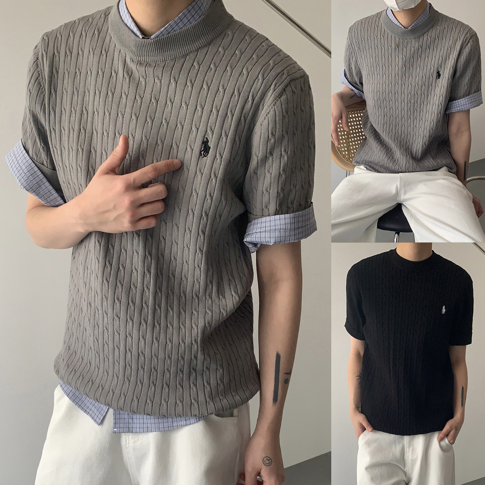 Camiseta de punto de manga corta camiseta masculina marcas de caballo bordadas viejas flores de negocios de hielo seda fábrica de verano transfronteriza al por mayor