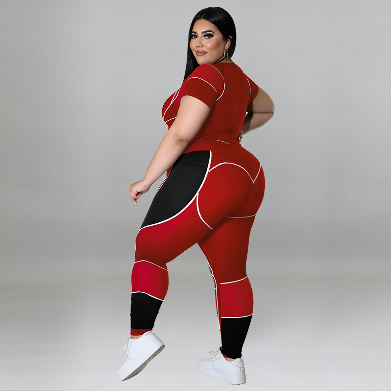Plus Size Workout Sets For Women 3/4 Sleeve Crop Top And High Waist Yoga Pants, Color Block Sports Outfit, Sweet Style Athletic Wear_ecoleips.com