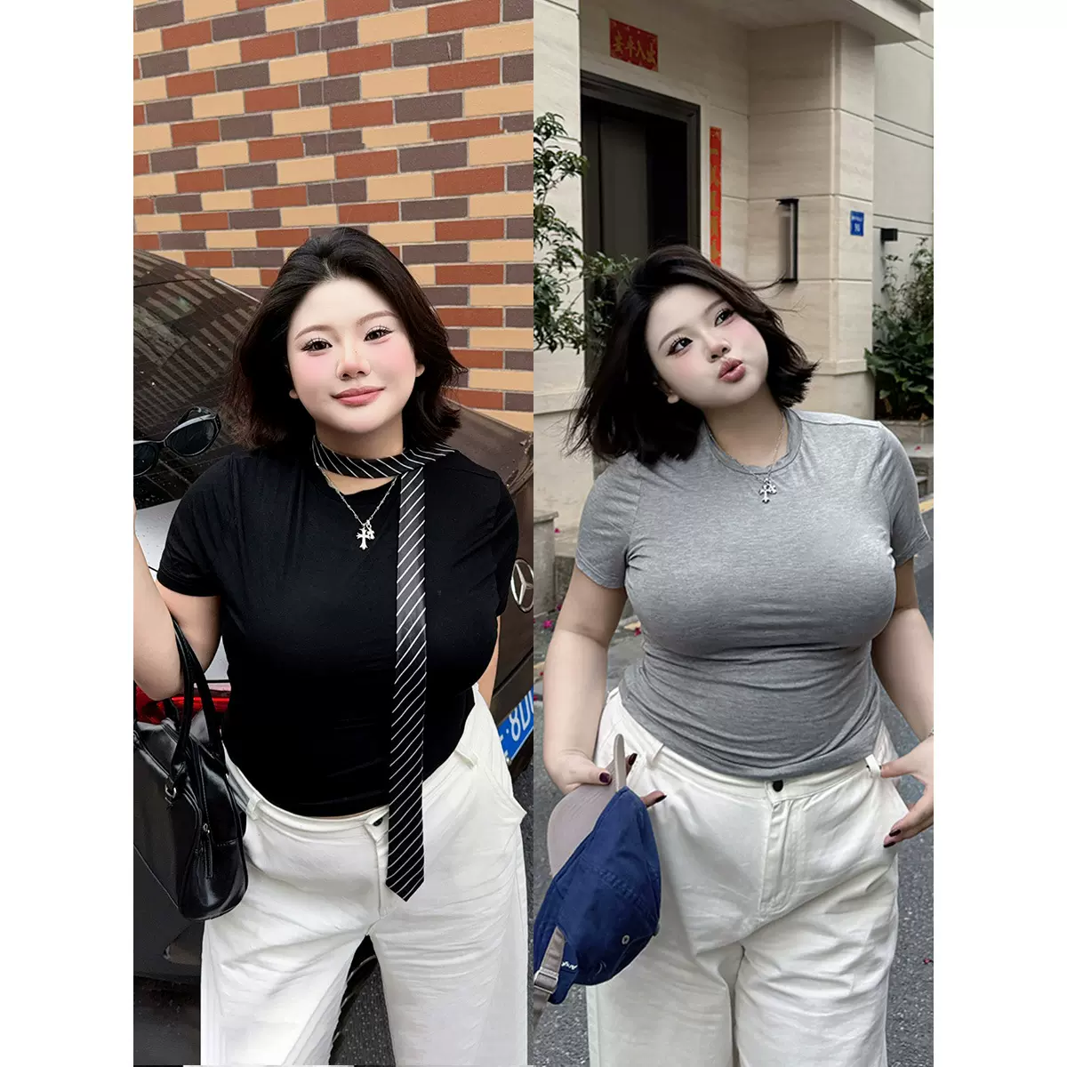 全球花【王炸云朵凉T】大码夏季新款小圆领修身正肩短袖T恤上衣