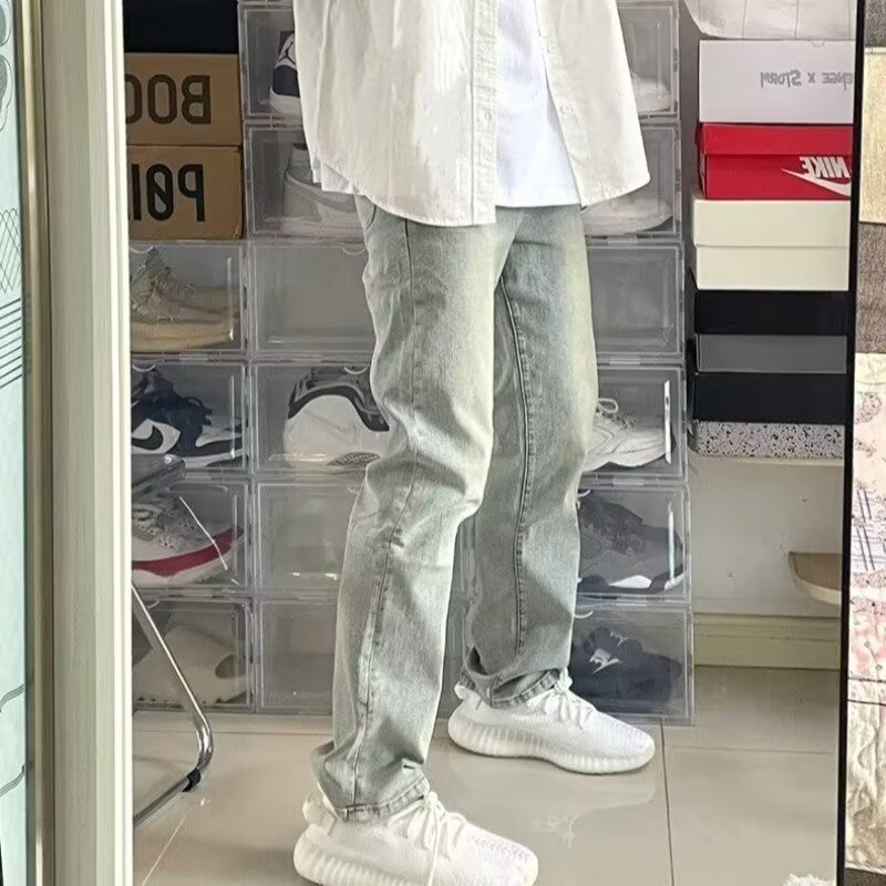 Vaqueros lavados con costuras para hombres y mujeres pantalones estilo vibe americano de calle alta tendencia de moda pantalones negros de pierna recta ~