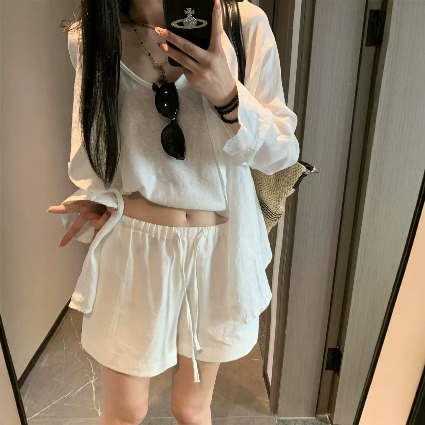 天丝亚麻短裤女夏季新款高腰宽松显瘦休闲抽绳阔腿热裤外穿百搭