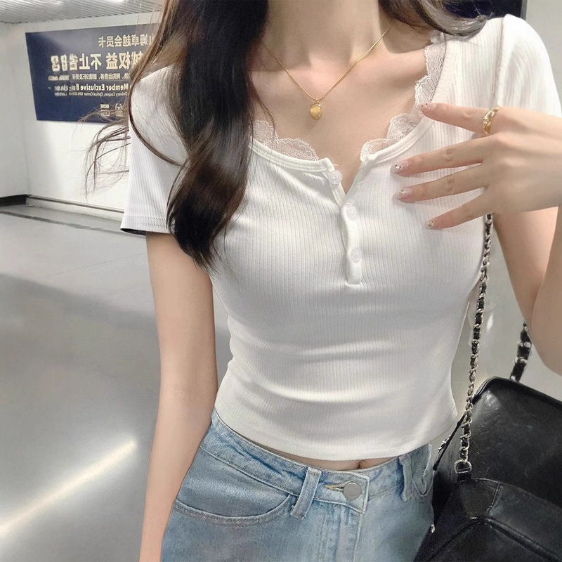 Lace Henry Collar Short-sleeved T-shirt Summer Women's Slim-fit Niche Design U-neck Chic Beautiful Small Top