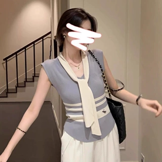 法式气质披肩冰丝针织衫无袖飘带上衣女2025新款夏季修身无袖上衣