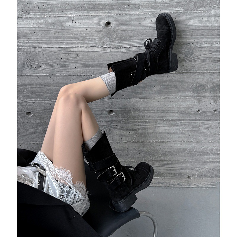 Boot cao bồi cổ trung bình da bò lộn phong cách retro, gót thấp khóa thắt lưng — đen, màu nâu sẫm, kaki