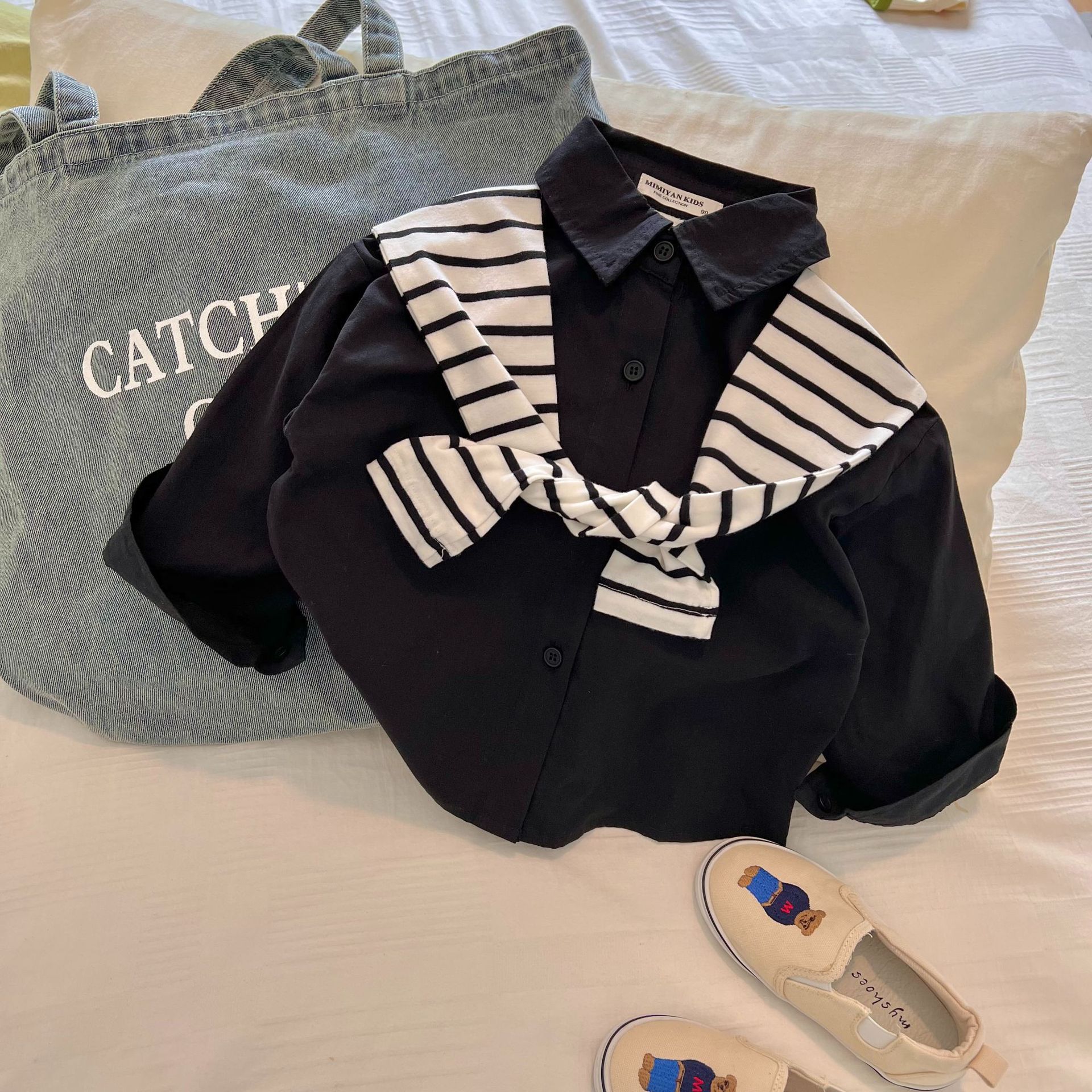 Camisas de niños estrella redonda 2025 otoño nuevo falso dos piezas de ropa de niñas camisa de chale de color sólido personalidad de primavera y otoño bebé