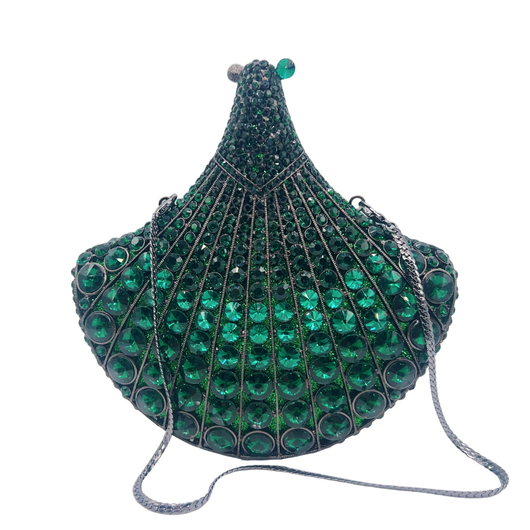 Clutch nữ hình quạt đính đá cao cấp dự tiệc cầm tay — màu vàng, bạc, màu đỏ, màu ô liu xanh chi tiết 11