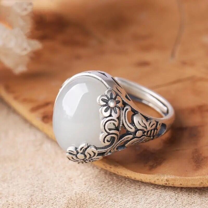 Vintage Silver Butterfly Flower Ring For Women Adjustable Jade_voghion.com