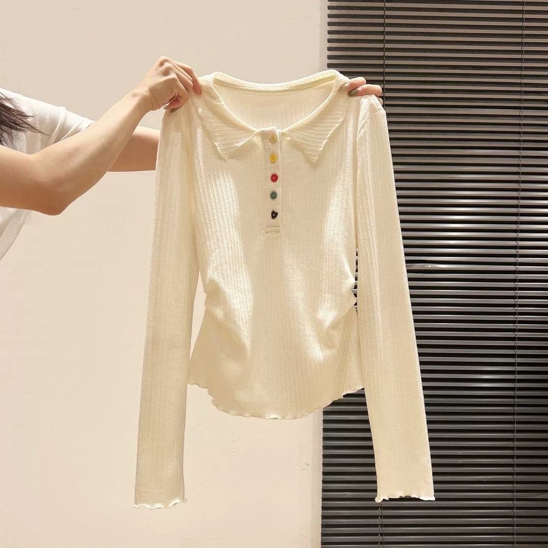 Lapel Long-Sleeve Pleated-Edge Plus-Size Shirt, Apricot, Pullover Top L–5XL