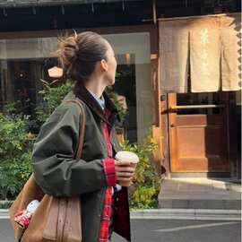 巴恩两面穿风衣外套减龄老钱学院风设计苏格兰风格子拼接