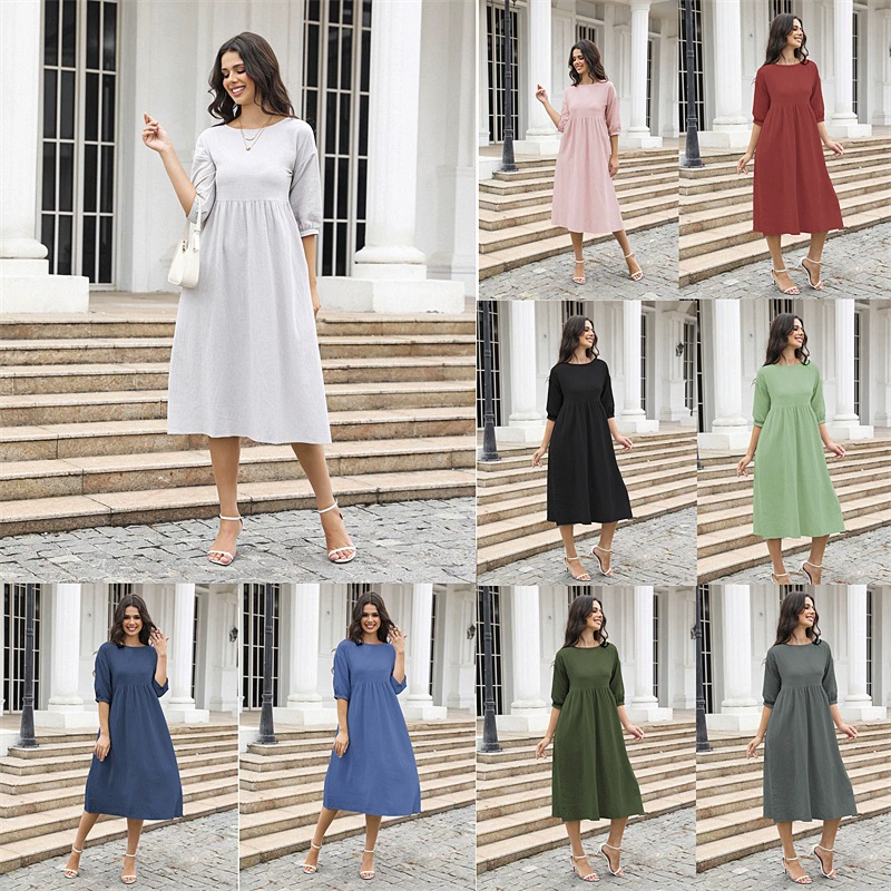 Новинка 2023 года, летнее женское платье Amazon в европейском и американском стиле, однотонный пуловер с рукавами-фонариками, свободные брюки из хлопка и льна с клапаном и карманами