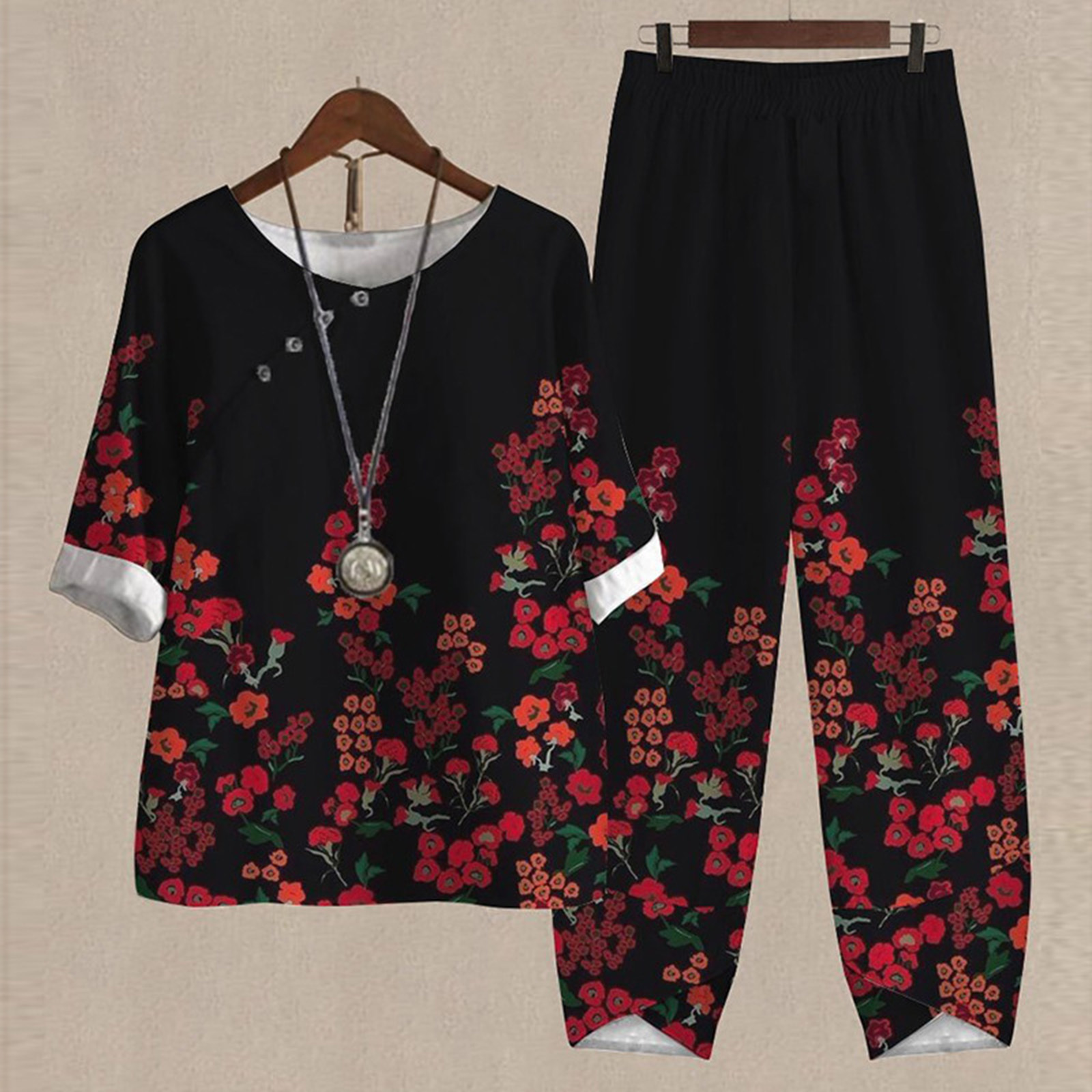 294g Weight Half Sleeve Sleeve Length Spandex, Bamboo Hemp Fabric Type Pant Co-ord Set Sets Type 2 Pieces Set Quantity Daily Women's Casual Printing Spandex Bamboo Hemp Printing Pant Co-ord Set Pants Sets
