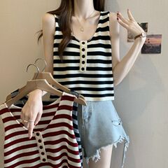 女性用小さなキャミソール 2025 夏の新しいホットスタイルタイ V ネックアウターウェアユニークなショートノースリーブストライプトップ