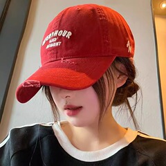 复古字母刺绣红色棒球帽女韩系百搭显脸小帽子宽檐大头围鸭舌帽棉