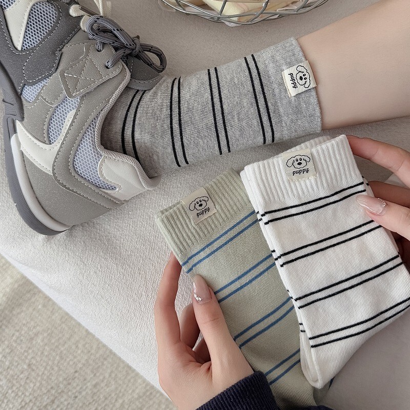 Striped Series ~ Cute Puppy Dog Label Mid-Calf Socks College Style Color-Block Versatile Seamless Slouch Socks