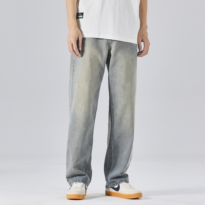 Yellow Mud Dyed Jeans for Men 2025 New Straight Pants Loose Cement Distressed Elastic High Street Men's Trend