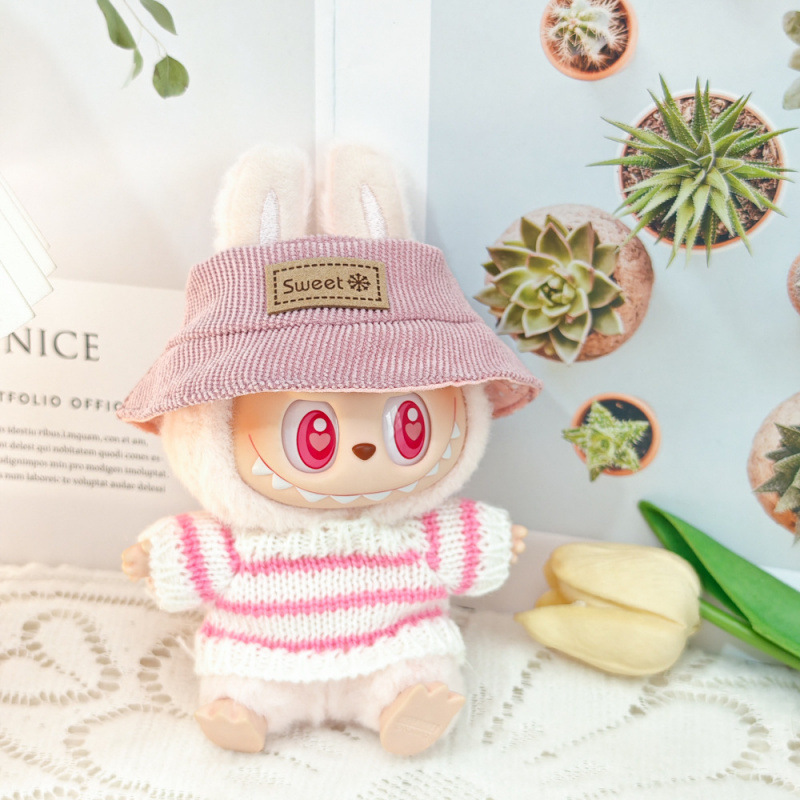 17 センチメートルビニールぬいぐるみマカロンラブブ LABUBU ベビー服ピンクのガーゼスカートヘアアクセサリー交換服|undefined