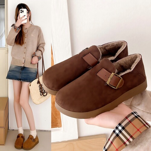 Winter New Fleece-lined Thickened Birkenstock Shoes Un mainstream Casual Style Thick-soled Cotton Shoes Anti-slip Soft Sole Low-top Snow Boots for Women
