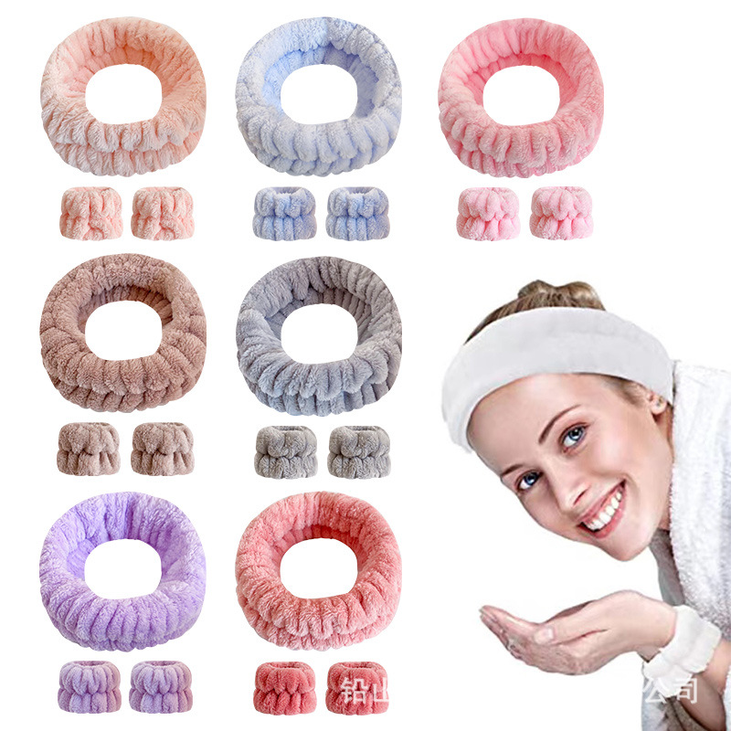 Amazon franela color sólido banda de pelo banda muñeca traje de mujer lavado facial spa banda de pelo a prueba de humedad absorbente pulsera felpa