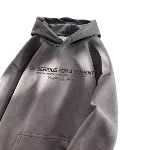 High-end versatile fashion brand trendy square shoulder winter letter suede long sleeve men's casual hoodie couple top for men