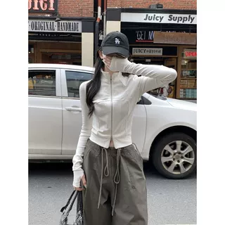 设计感螺纹拉链长袖开衫T恤外套女早秋新款纯色修身短款德绒上衣