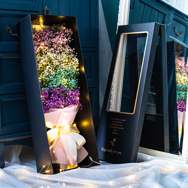 고귀한 4색 안개꽃 60cm개 선물상자-꽃다발+선물상자+LED조명