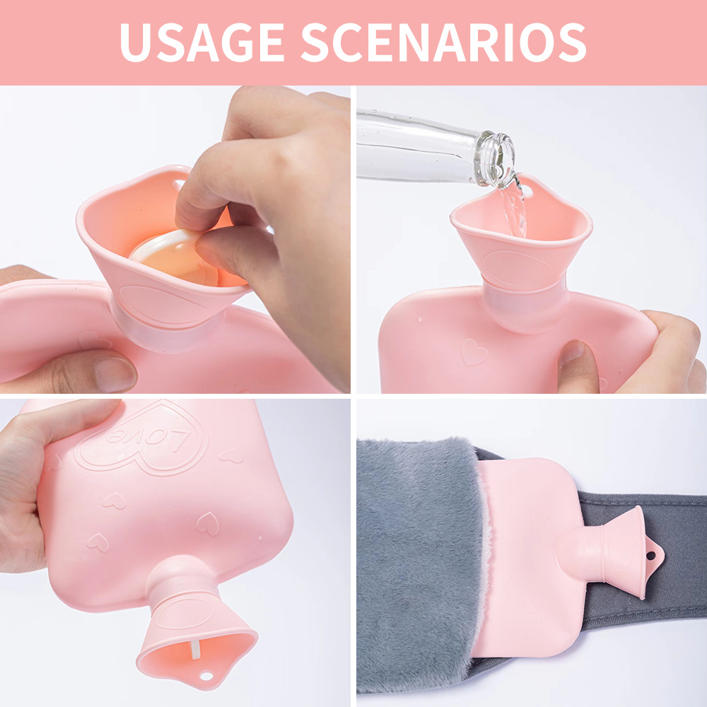 Bolsa de agua caliente de conejo de peluche alargada para la cintura, bolsa de agua caliente de PVC para la cintura.