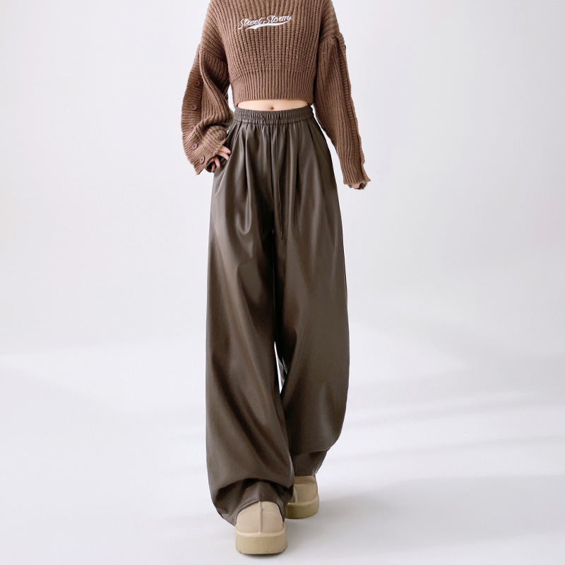 Women's Leather Pants 2025 Spring and Autumn New Straight Slim Casual Windproof Leather Pants Pu Leather Personality Loose Biker Wide-Leg Pants