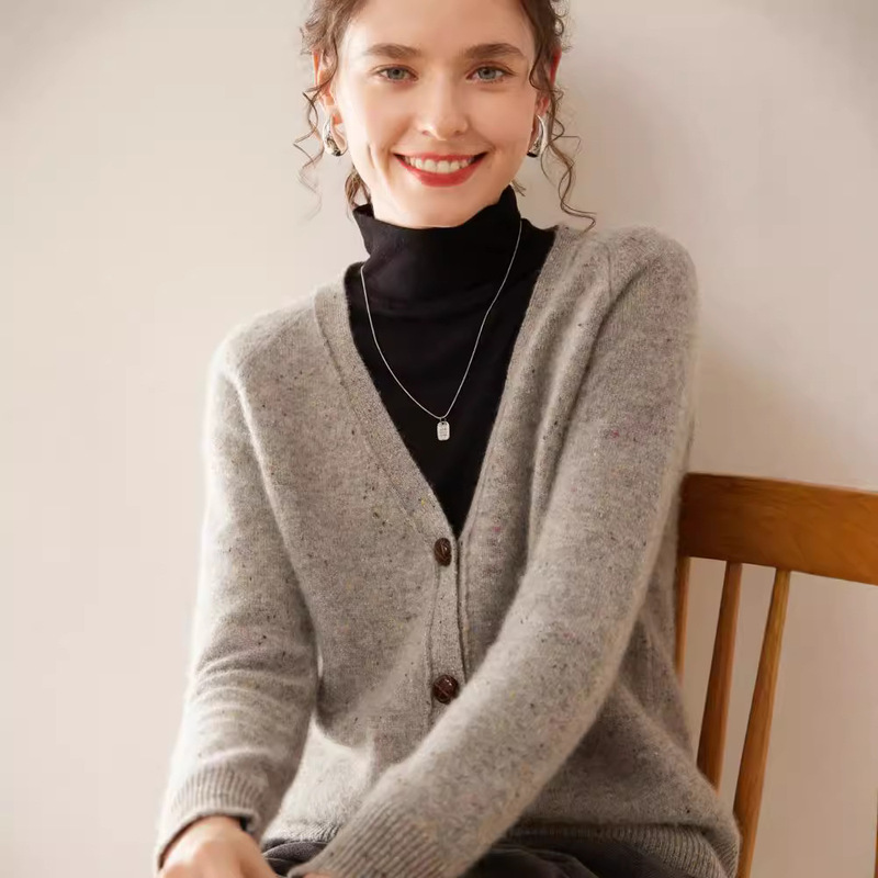 Thickened Colored Yarn Cashmere Cardigan Women's Autumn and Winter New V-Neck Coat Loose Sweater Outer Wearing Sweater Cross-border