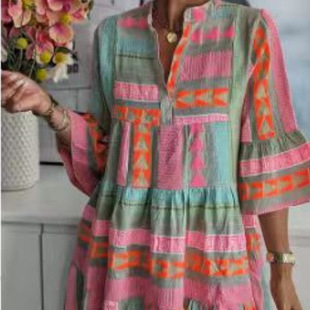 2025 European and American Fashion Independent Station Cross-border New Printed Stand Collar Seven-point Sleeve dress