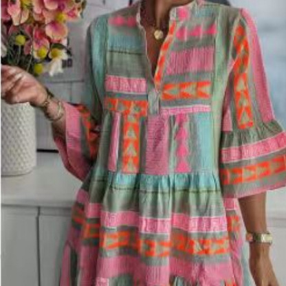2025 European and American Fashion Independent Station Cross-border New Printed Stand Collar Seven-point Sleeve dress 2025 European and American Fashion Independent Station Cross-border New Printed Stand Collar Seven-point Sleeve dress