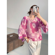 三宅2025春季感印花褶皱T恤灯笼袖宽松显瘦气质优雅上衣女