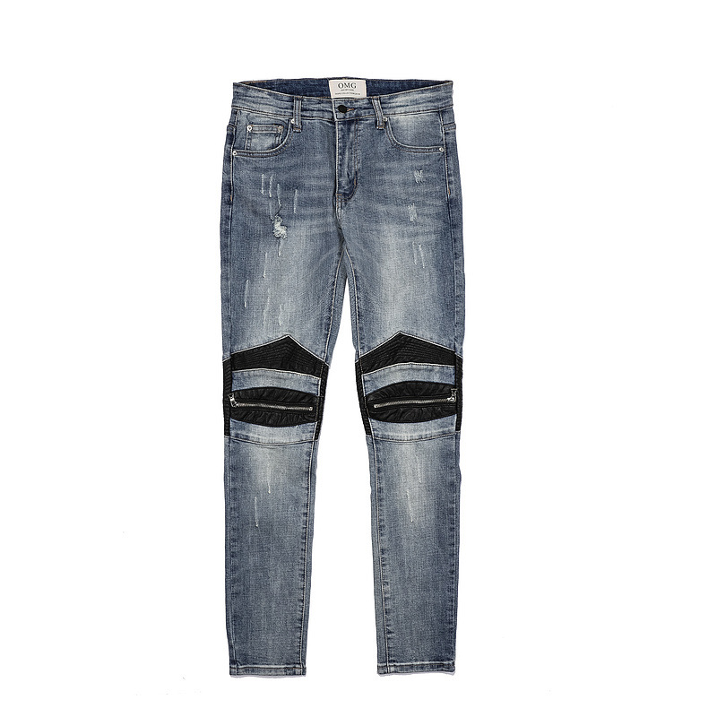 Men's Skinny Stretch Jeans With Leather Patch Motorcycle Style_voghion.com