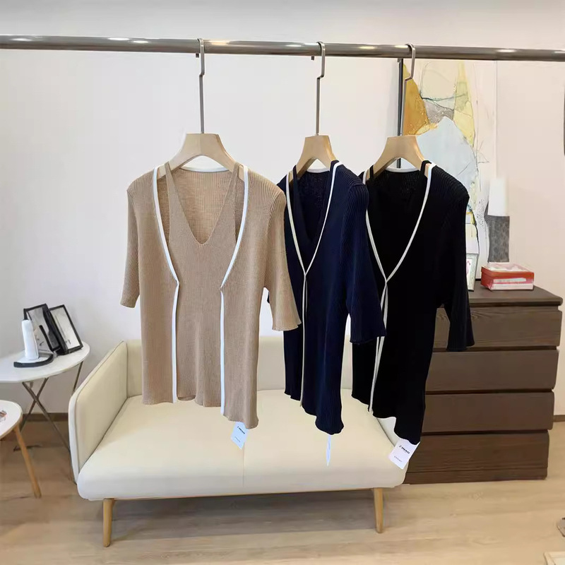 Clearance Merino Wool Knit Cardigan, Can Be Worn Alone or as a Two-Piece, Color-Blocked Short-Sleeve Sweater for Women, Autumn 010