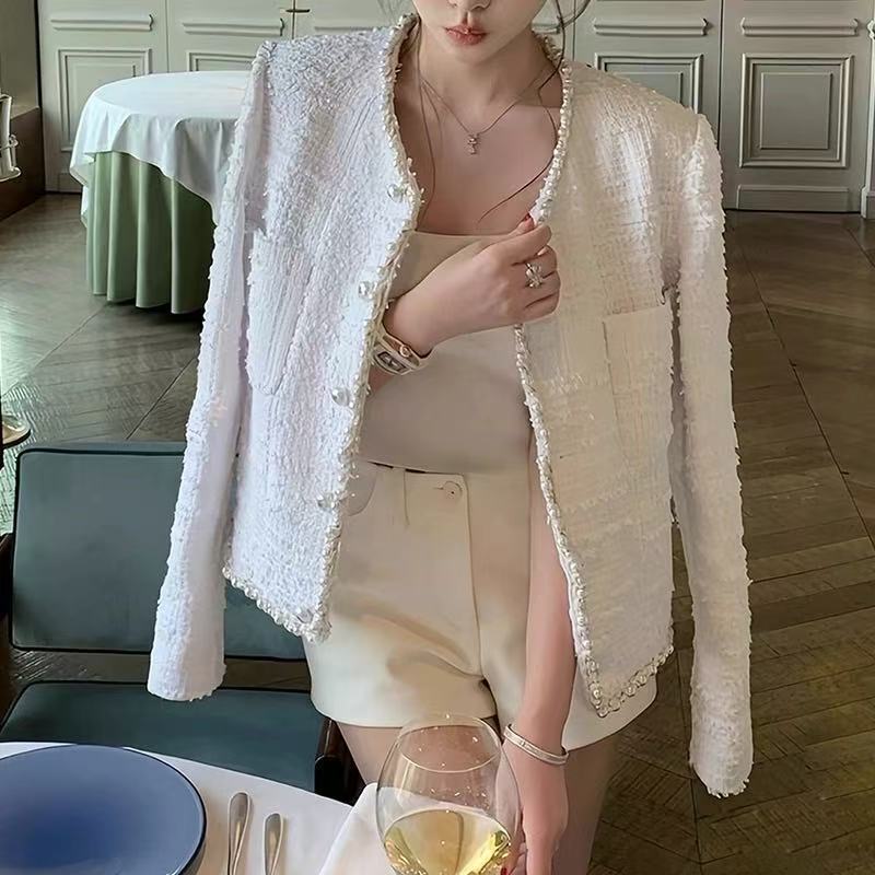 2026 Spring and Autumn Light Luxury Heavy Craft Shiny Sequin Woolen Short Coat for Women, French Style Rhinestone Embellished Tweed Blazer
