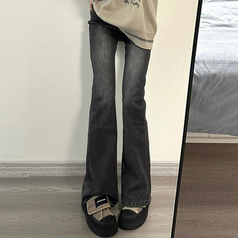 Women's High Waist Stretch Flared Jeans - Vintage Black Gray Bootcut Pants For Spring, Straight Leg To Floor Length_ecoleips.com