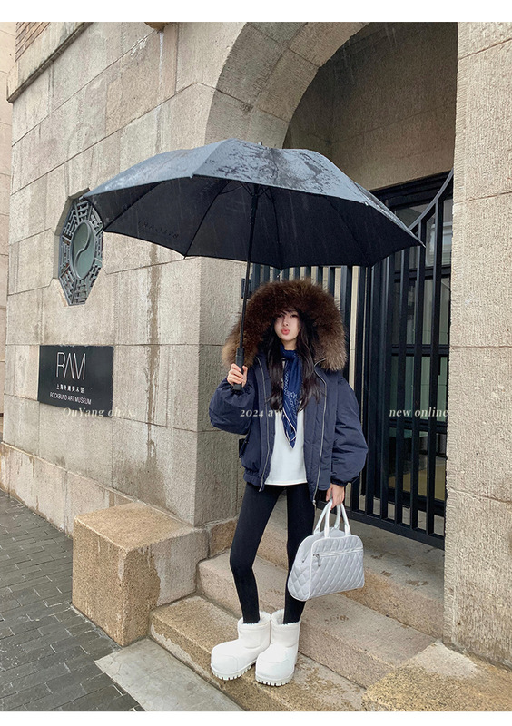 牛角扣大毛领连帽棉服外套女短款冬季韩系小个子加厚工装派克服|undefined