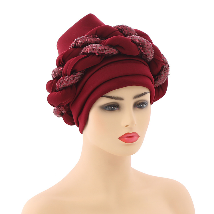 Muslim hat Space layer color sequin twist headscarf hat Fashion exaggerated PROM headscarf hat_voghion.com
