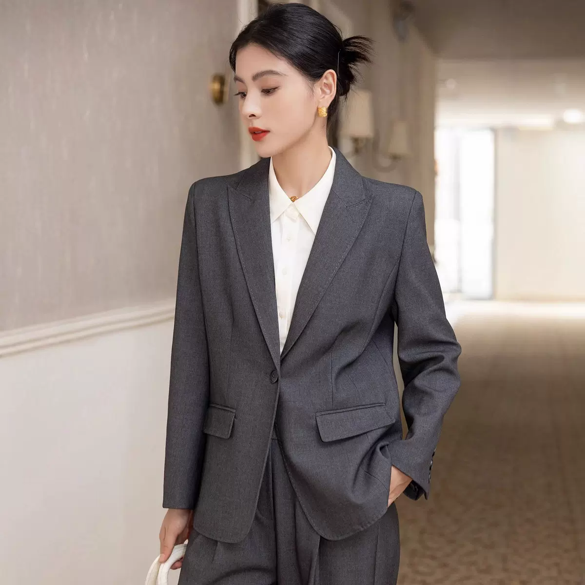 恩迪精纺灰色羊毛西装裤子套装高级感通勤职业西服直筒裤两件套OL