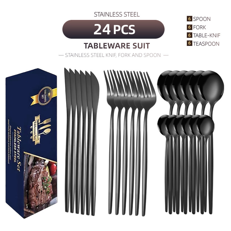 国境を越えたアマゾンポルトガルステンレス食器チタンメッキ金色ギフトボックス品ステーキナイフフォークスプーン24点セット|undefined